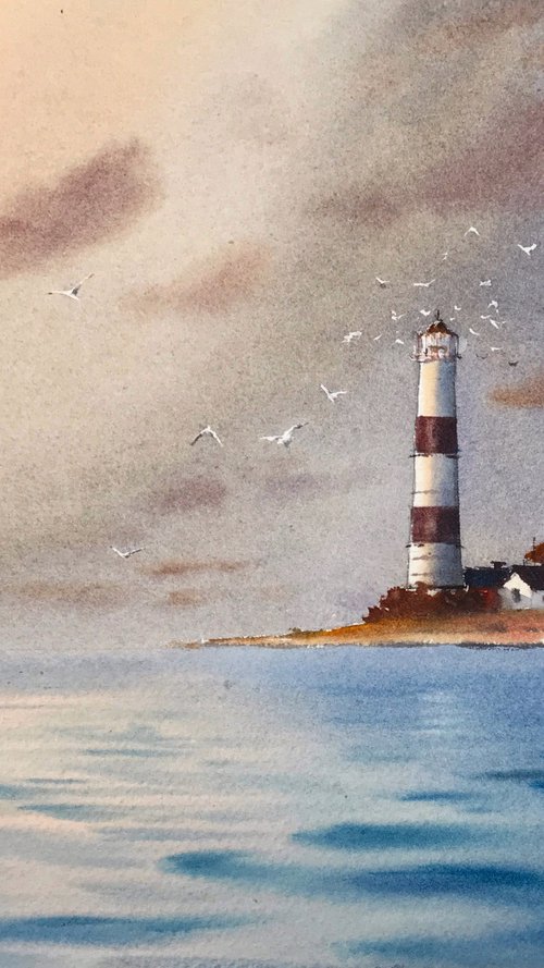 Sunset on the sea  Lighthouse #4 by Eugenia Gorbacheva