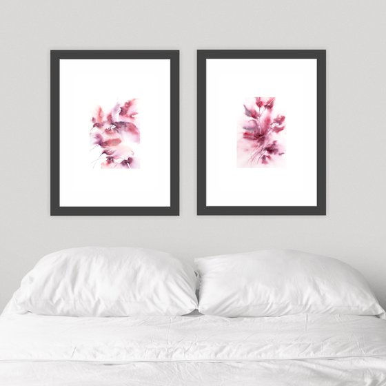 Pink abstract floral watercolor, floral diptych "Floral dreams"