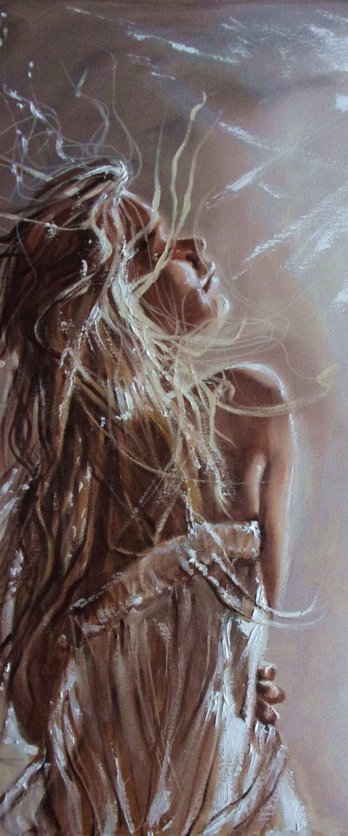 " WINDY DREAM "- WIND HAIR ORIGINAL OIL PAINTING, GIFT, by Monika Luniak