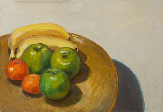 modern still life on green apples, tangerines and bananas