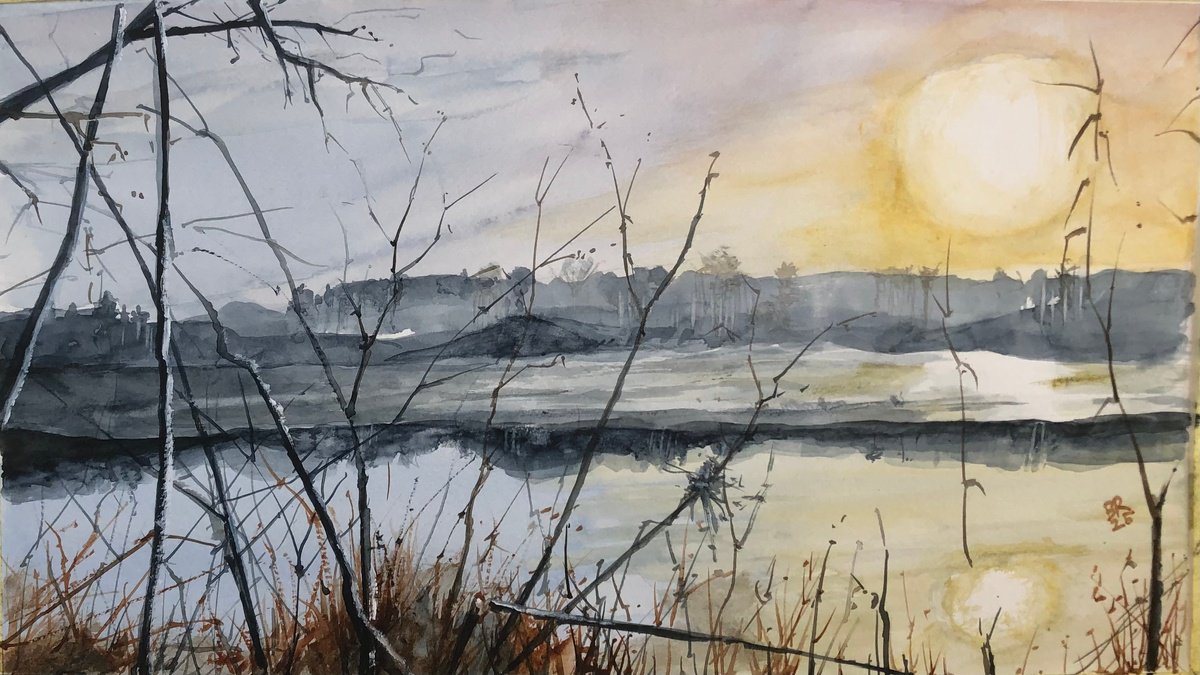 Impressionistic Landscape Watercolour By Bernd Rieve, 17 X 10, The Thaw, Original Artwork