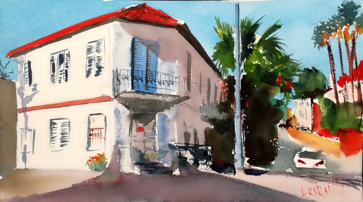 Impressionistic Cityscapes Watercolour By Leonid Kirnus, 13 X 7", House Ar The Corner, Original Artwork