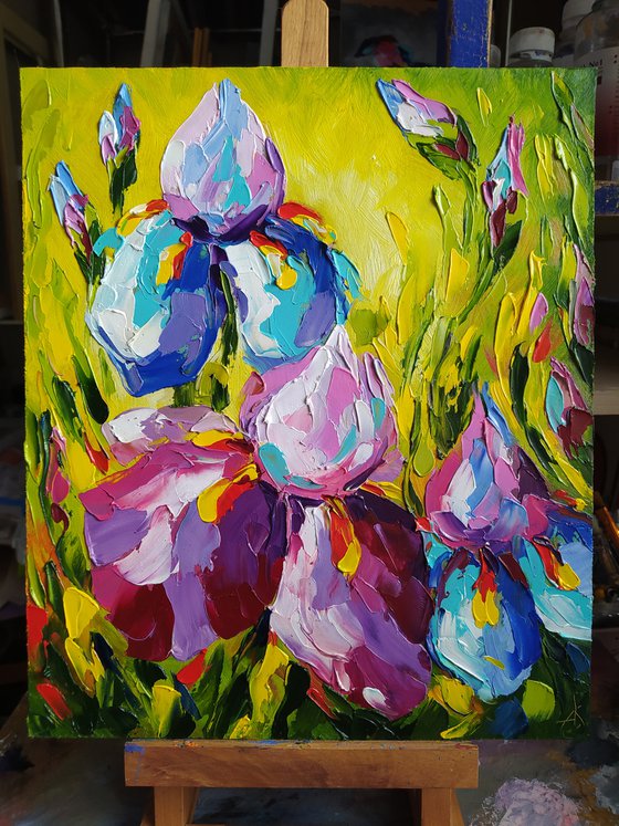 Irises in a sunny day - flowers, oil painting, irises flowers, gift idea, gift for woman, flowers oil painting,