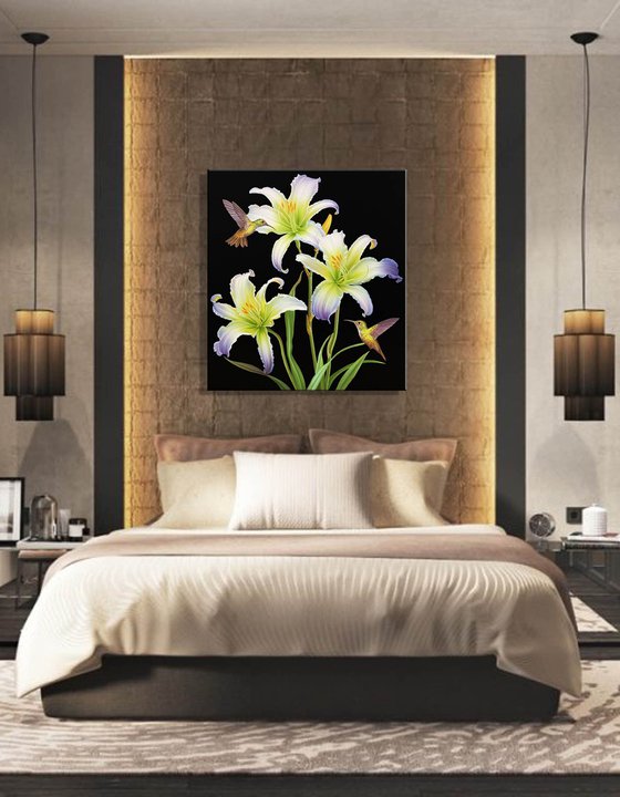 "The song of love", lilies floral painting with birds on black background