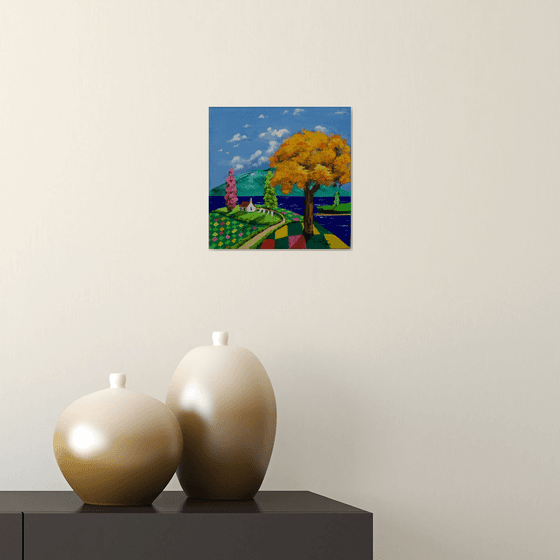 Orange tree folk art oil painting on canvas