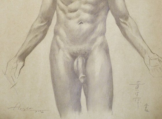 DRAWING PENCIL MALE NUDE ON BROWN PAPER#16-6-30-01
