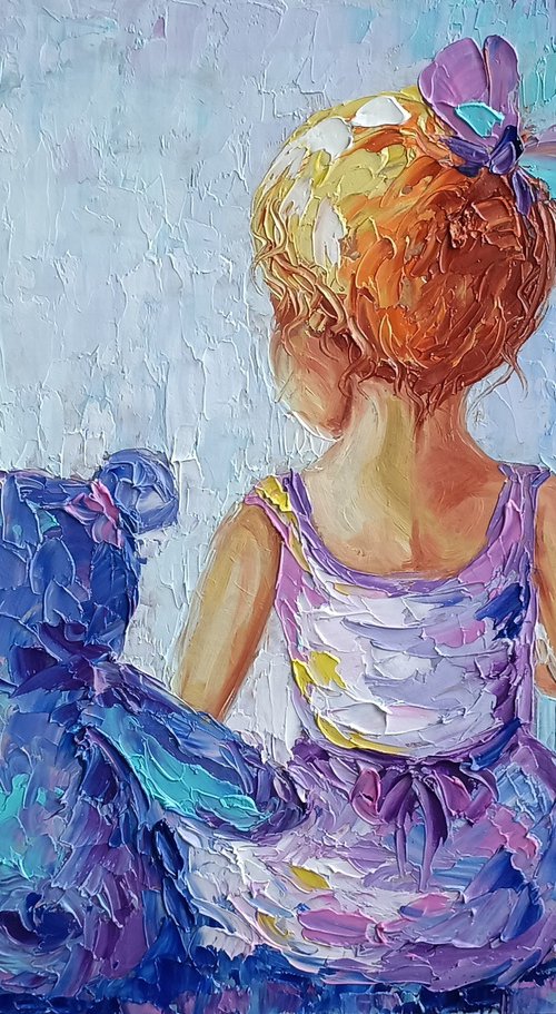 Purple childhood - childhood, child, for mother, oil painting, girl, teddybear, toys, little girl, bears, happy childhood, children by Anastasia Kozorez