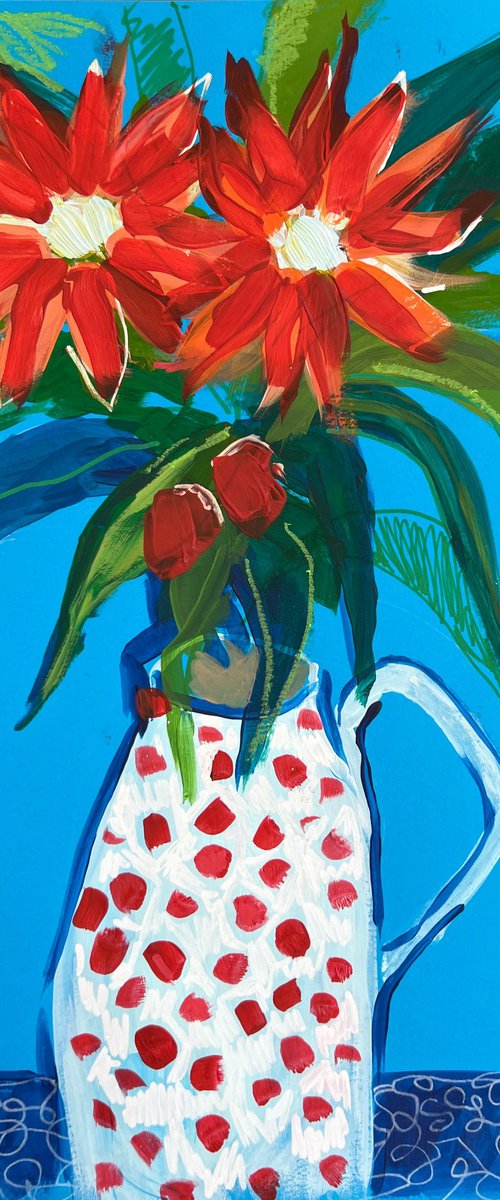 Red Flowers in Polka Dot Vase by Sasha Robinson