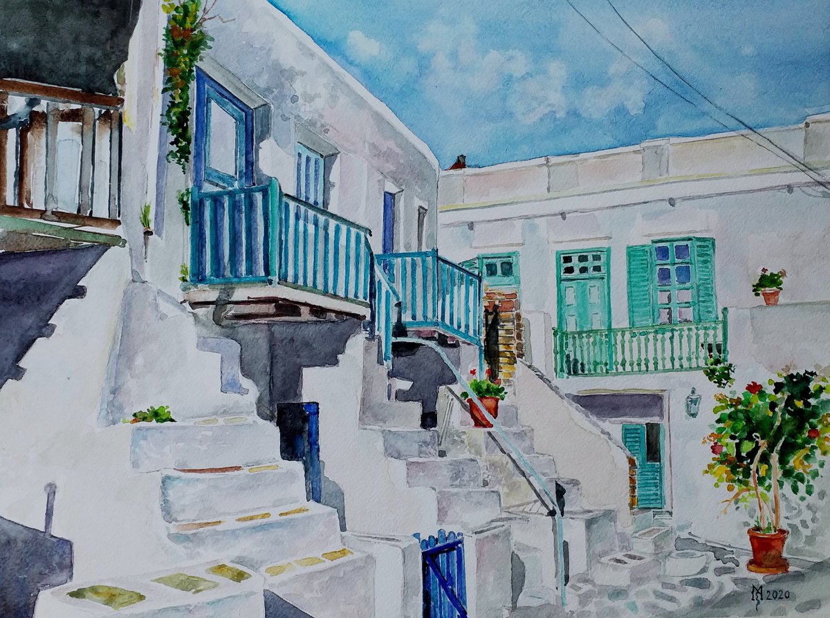 Impressionistic Cityscapes Watercolour By Zoran Mihajlovic Muza, 17 X 13", Greek Jard, Original Artwork