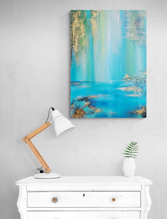 A XL large semi-abstract beautiful structured mixed media painting of a lake "Under the willow"