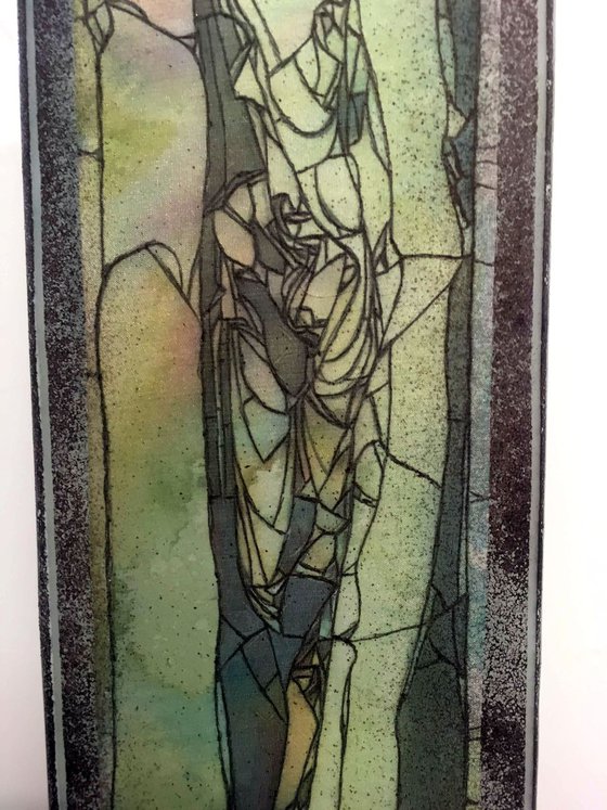 Untitled - woman - glass-mounted translucent silk drawing