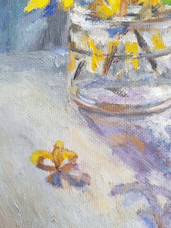 Forsythia by the window original oil painting