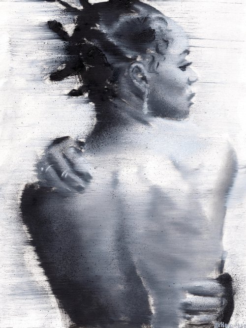 Najiyah | Black and white oil painting on paper | beautiful powerful make up fashion afro muse vibe woman lady by Renske Karlien Hercules