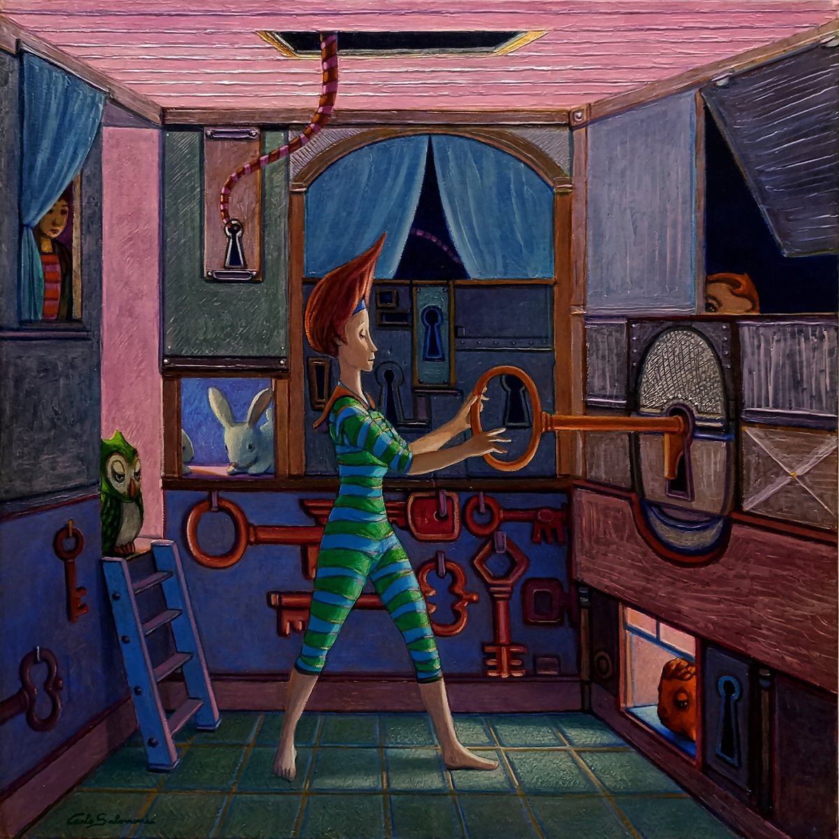 Surrealistic Portrait Acrylic Painting By Carlo Salomoni, 24 X 24, - The Coffer Of Mind -, Original Artwork