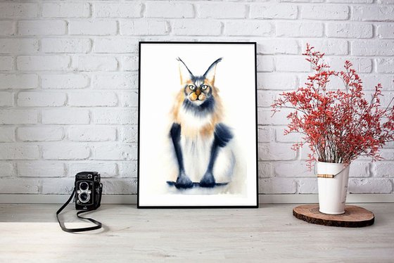 Whimsical Maine Coon Cat Original Watercolor painting