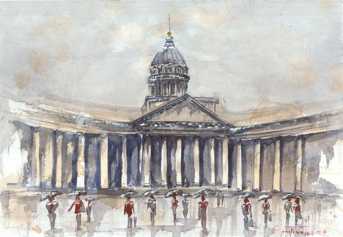 Impressionistic Cityscapes Watercolour By Eugene Gorbachenko, 17 X 12, Kazan Cathedral, Original Artwork