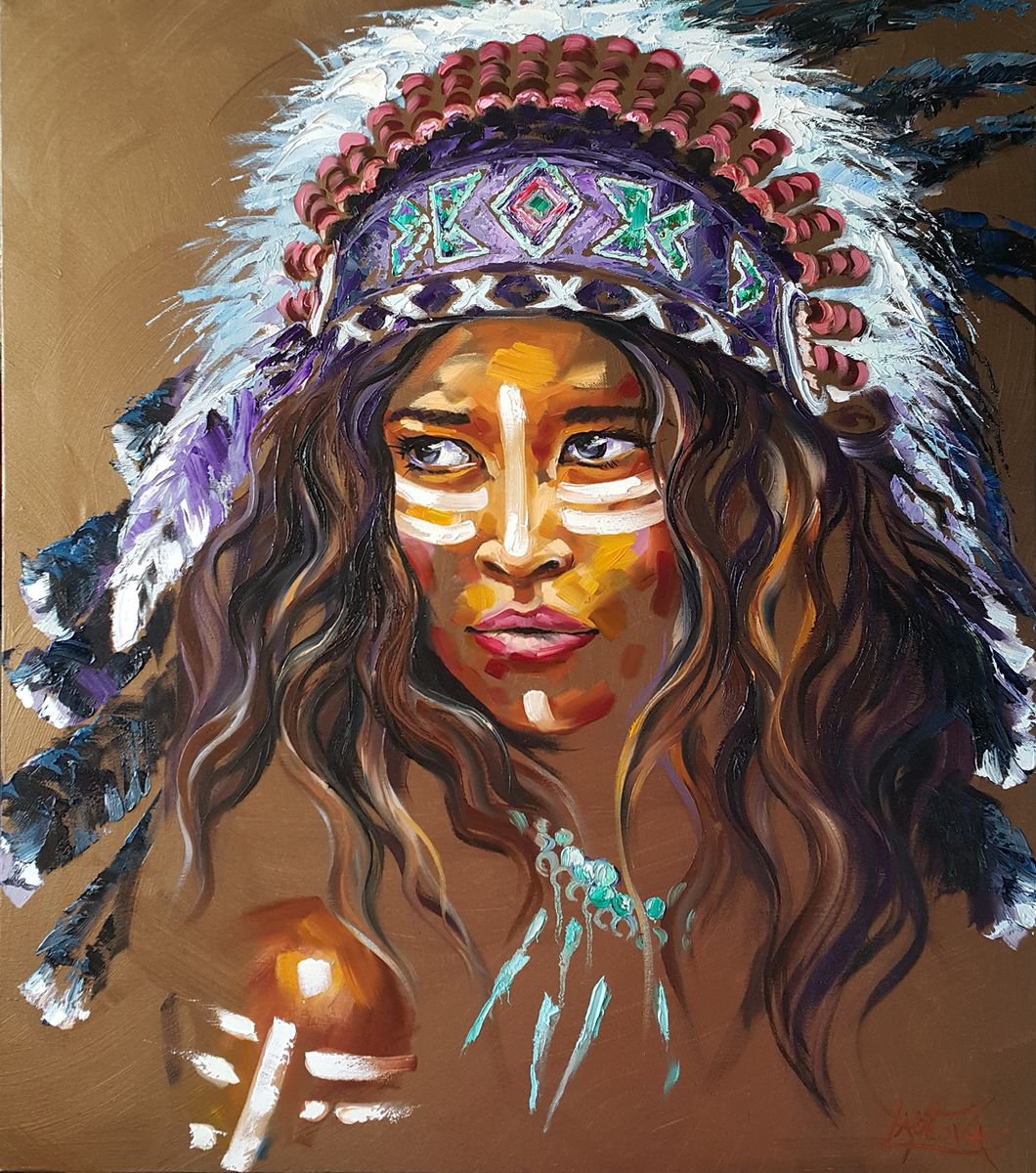 Expressive Portrait Oil Painting By Viktoria Lapteva, 28 X 31", American Indians, Original Artwork