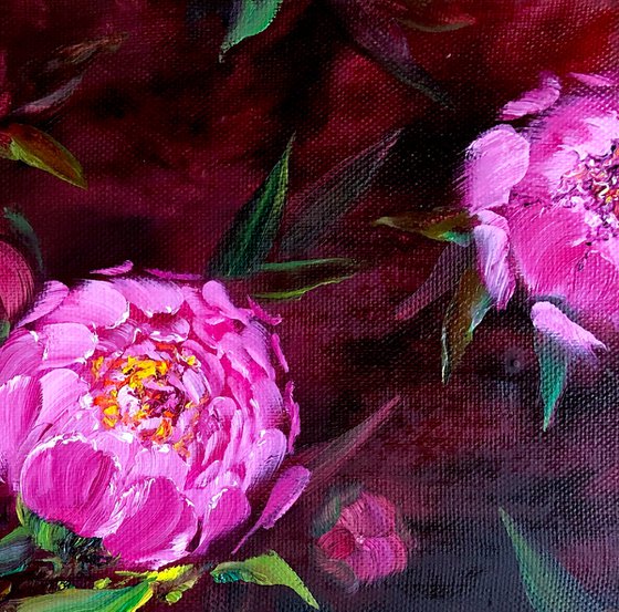 EVENING THICKETS OF PEONIES - Pink flowers. Dark background. Hand painting. Vintage. Drama. Night. Personify.