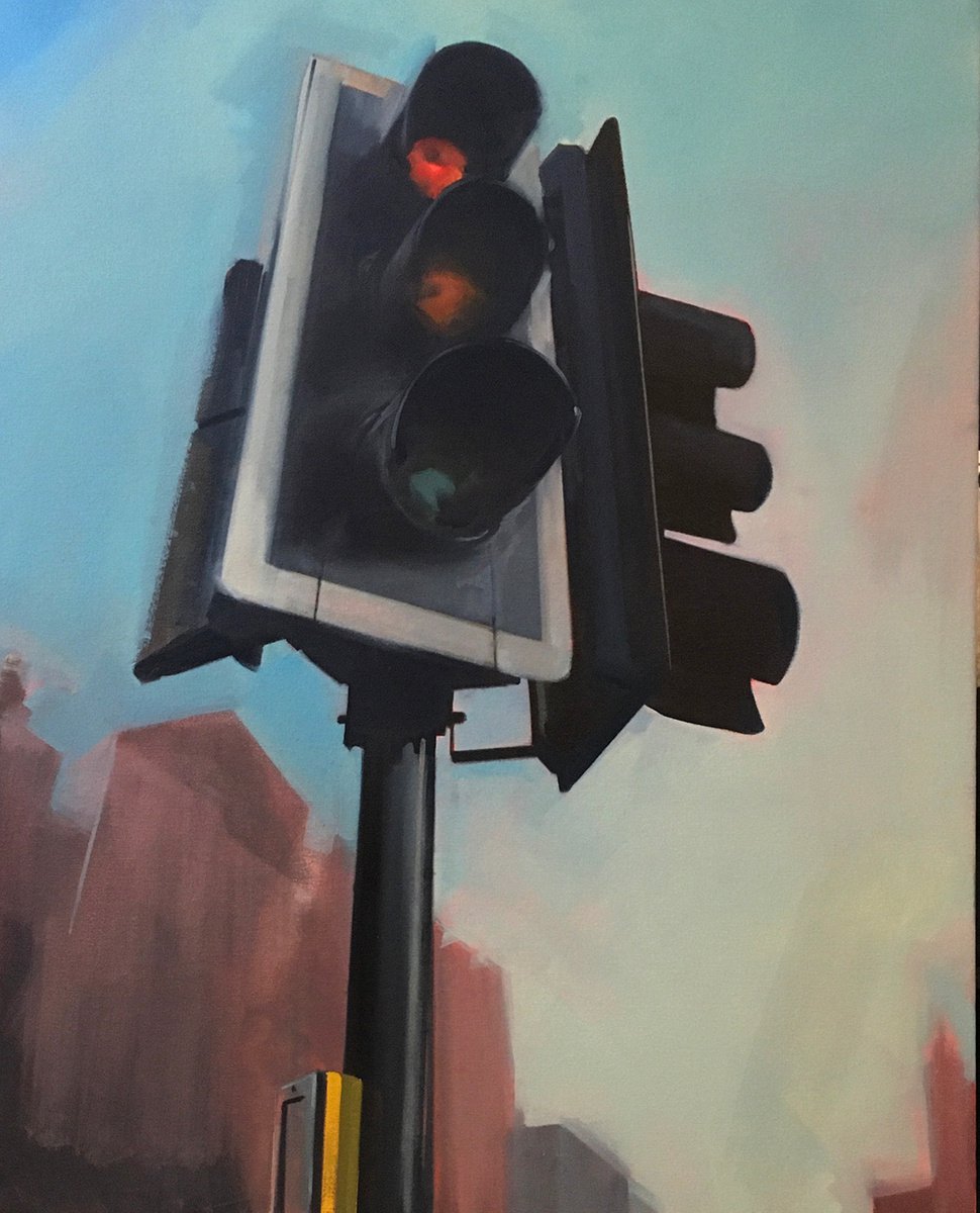 Impressionistic Cityscapes Oil Painting By Andrew Morris, 24 X 30, Traffic Lights, Original Artwork