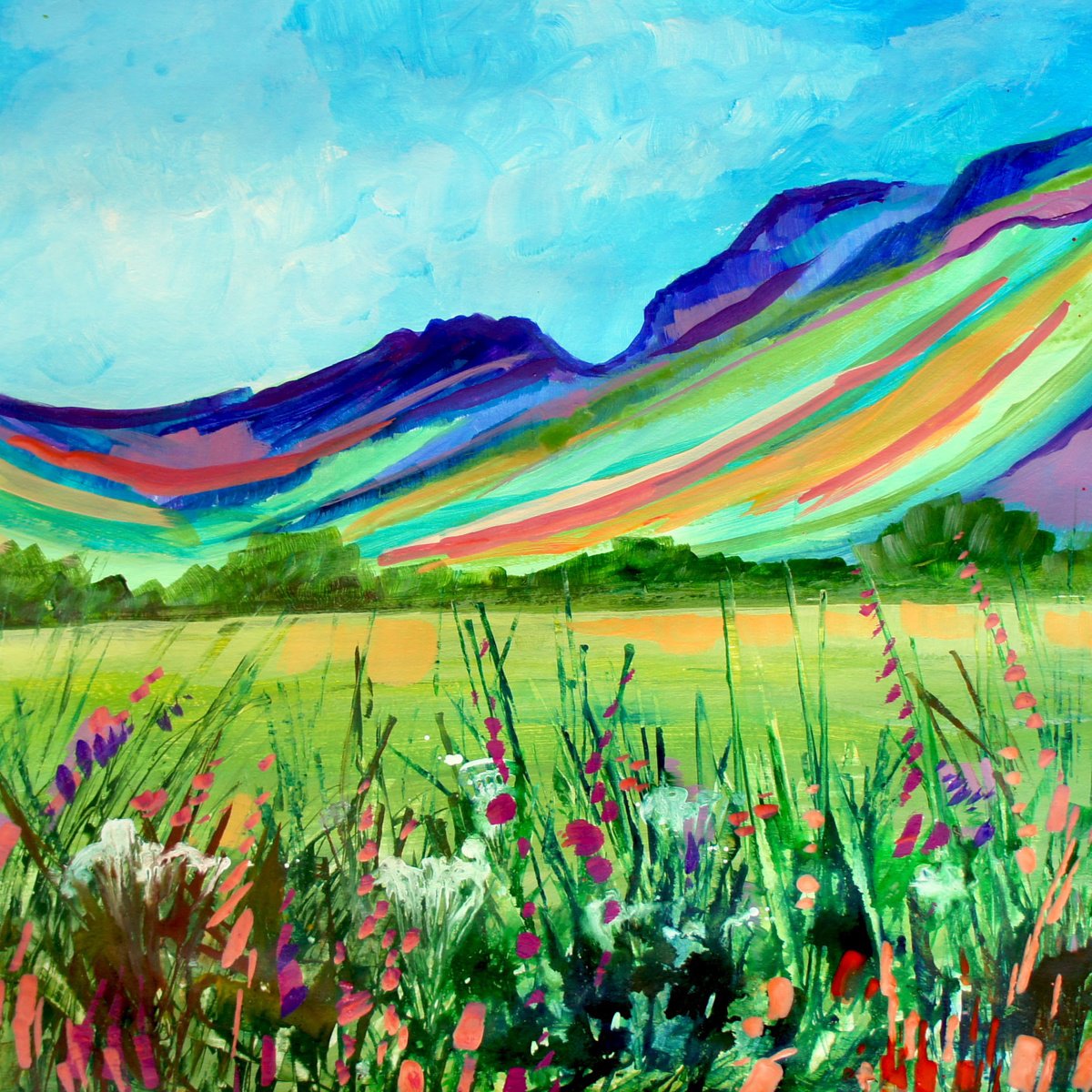 Impressionistic Landscape Acrylic Painting By Julia Rigby, 17 X 17", Haystacks, Original Artwork