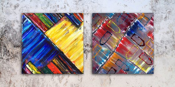 "Are We So Different?" - FREE USA SHIPPING - Save As A Series - Unique PMS Geometric Oil Painting Diptych On Canvas - 40" x 20"