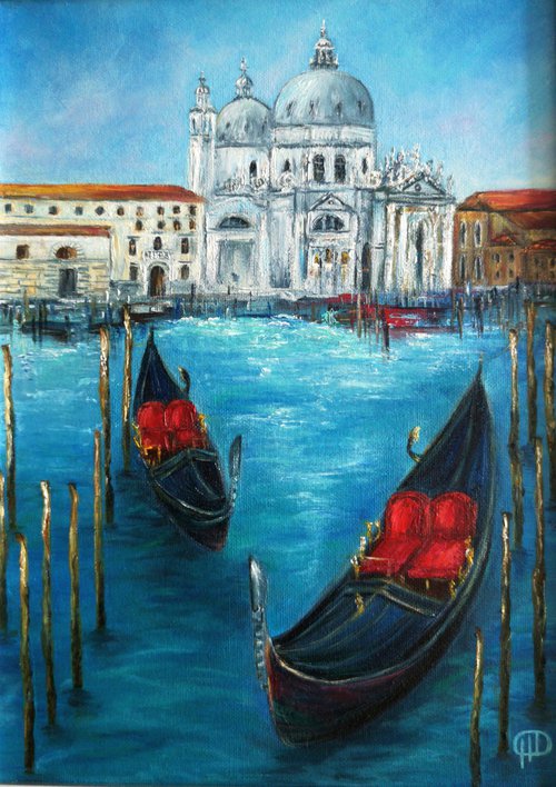 My Venice, painting with venice, landscape italy, painting with gondolas, painting with venice, walking on gondolas, romantic venice, oil painting venice, oil painting, original gift, home decor, Bedroom, Living Room, Venice, Gondolas, Red, Blue, Palace, Canal, Italy, Travel, Romance by Natalie Demina