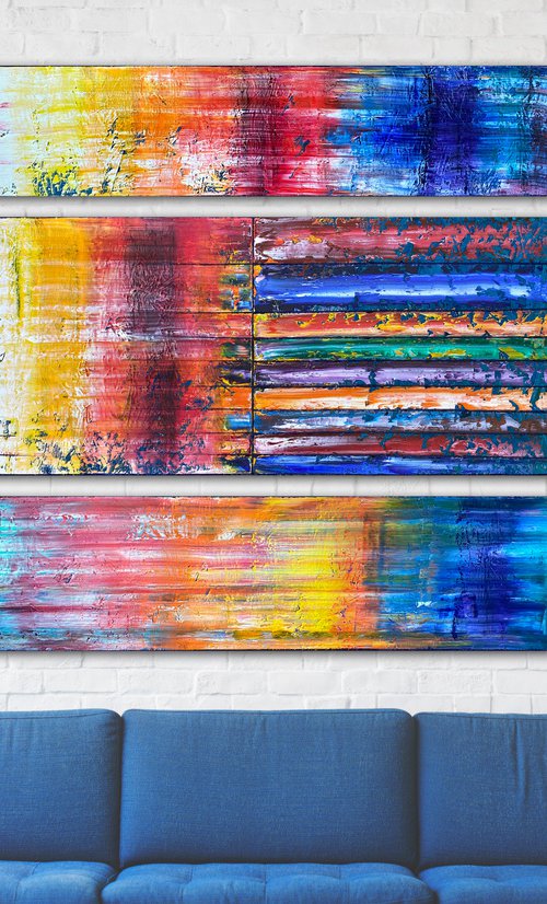 "Color Sandwich" - Original PMS Large Oil Painting Triptych on Recycled Wooden Panels - 48 x 46 inches by Preston M. Smith (PMS)