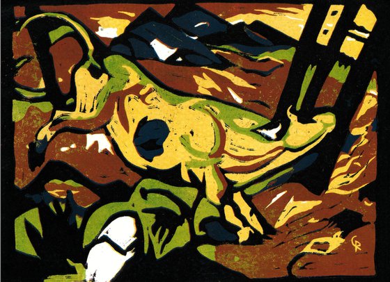 Gelbe Kuh - Linoprint inspired by Franz Marc