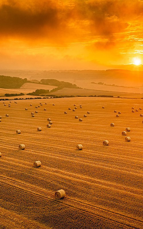 Sunset Over a Field of Hay Bales Print by Chad Powell