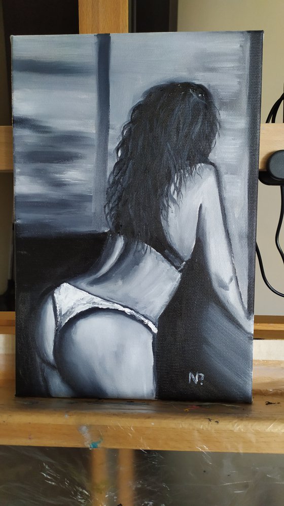 One man's dream, original nude erotic girl black and white oil painting
