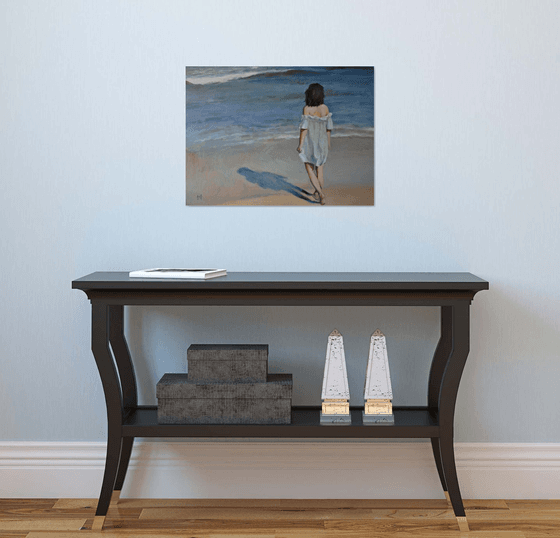 Blue Waters-Impressionist beach figure oil sea painting. 45x61cm.