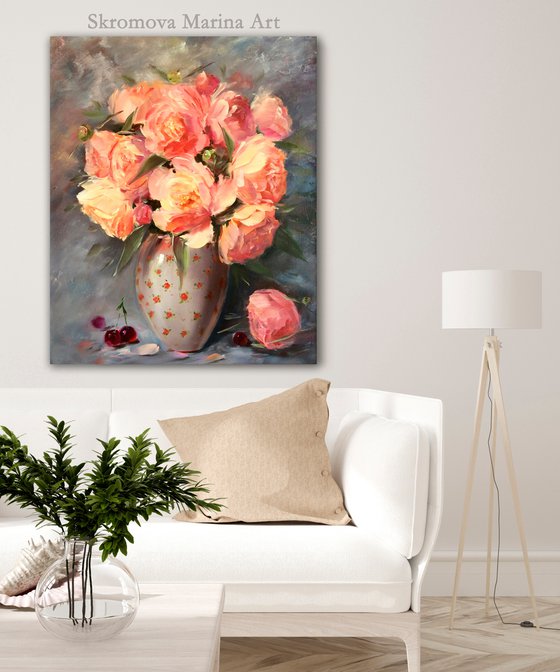 PEACH BLOSSOMS OF PEONIES - Modern still life. Beautiful peonies. Peach flowers. Abstract bouquet. Tenderness. Attention. Kindness.