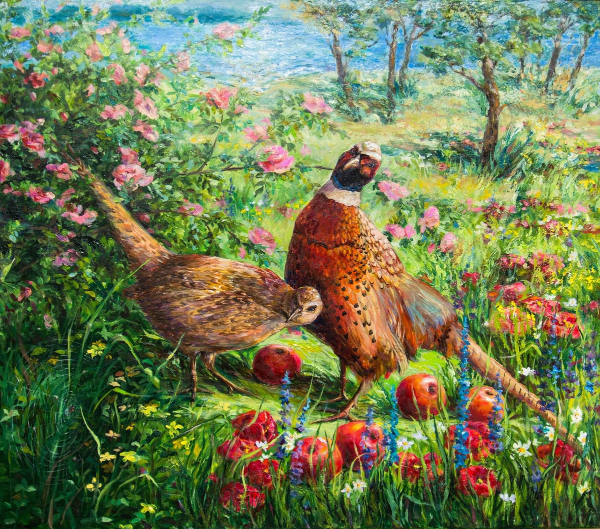 Impressionistic Animal Oil Painting By Galyna Shevchencko, 35 X 31, Pheasants In Apple Garden, Original Artwork