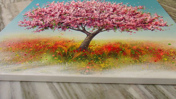 ”Spring Blooming Tree” 35.4" Large Mixed Media Painting