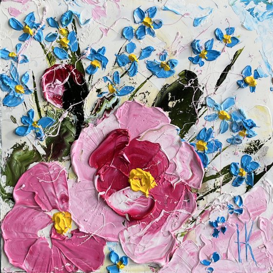 Peony Painting Forget me Nots Original Art Flowers Oil Impasto Floral Artwork Small Home Wall Art 6 by 6" by Halyna Kirichenko