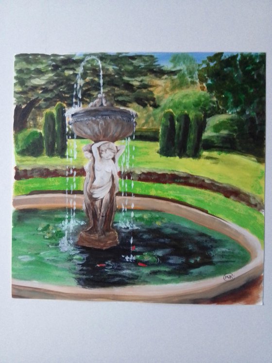 Garden Scene with Nude Women Fountain Statue