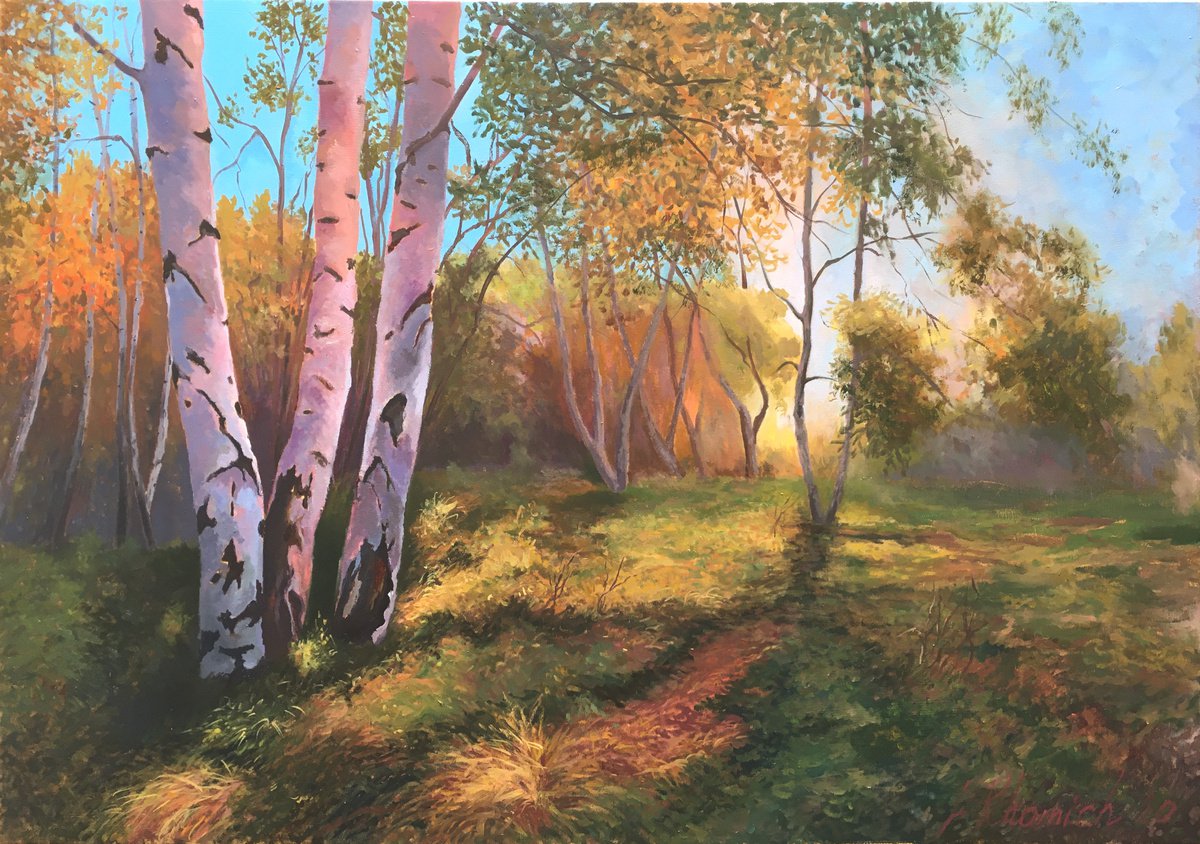 Impressionistic Landscape Oil Painting By Leo Khomich, 40 X 28", Autumn In Yellow Forest, Original Artwork