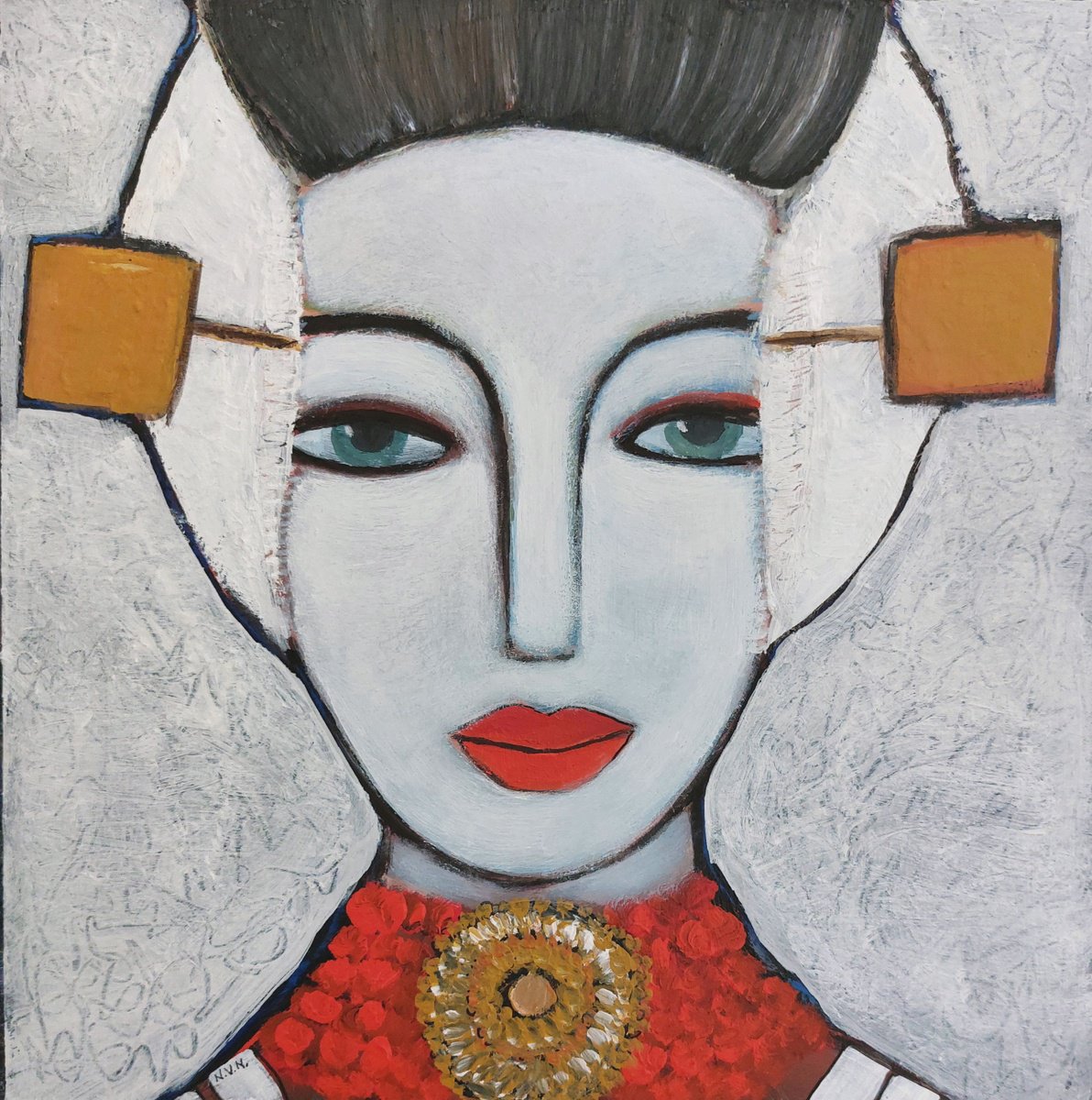 Portrait Acrylic Painting By Nelly Van Nieuwenhuijzen, 12 X 12", Zeelandic Girl (Zeeuws Meisje 3), Original Artwork