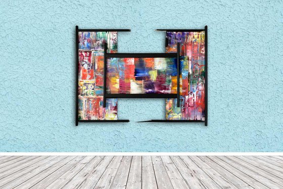 "Jagged" - Original PMS Mixed Media Assemblage Sculptural Painting on Recycled Wood and Frame Pieces - 44 x 34 inches