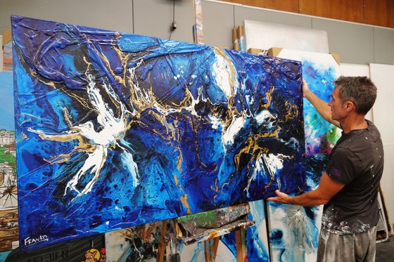 Golden Blu 190cm x 100cm Blue Gold Textured Abstract Art