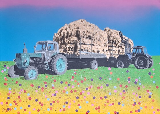 "Make Hay (Yellow)" - Contemporary vibrant bales meadow landscape splatters of spray paint Urban Graffiti Pop Art style artwork with Tractors in a meadow.