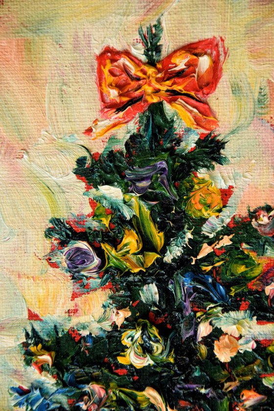 Christmas tree original oil painting on canvas, holiday decor, housewarming gift