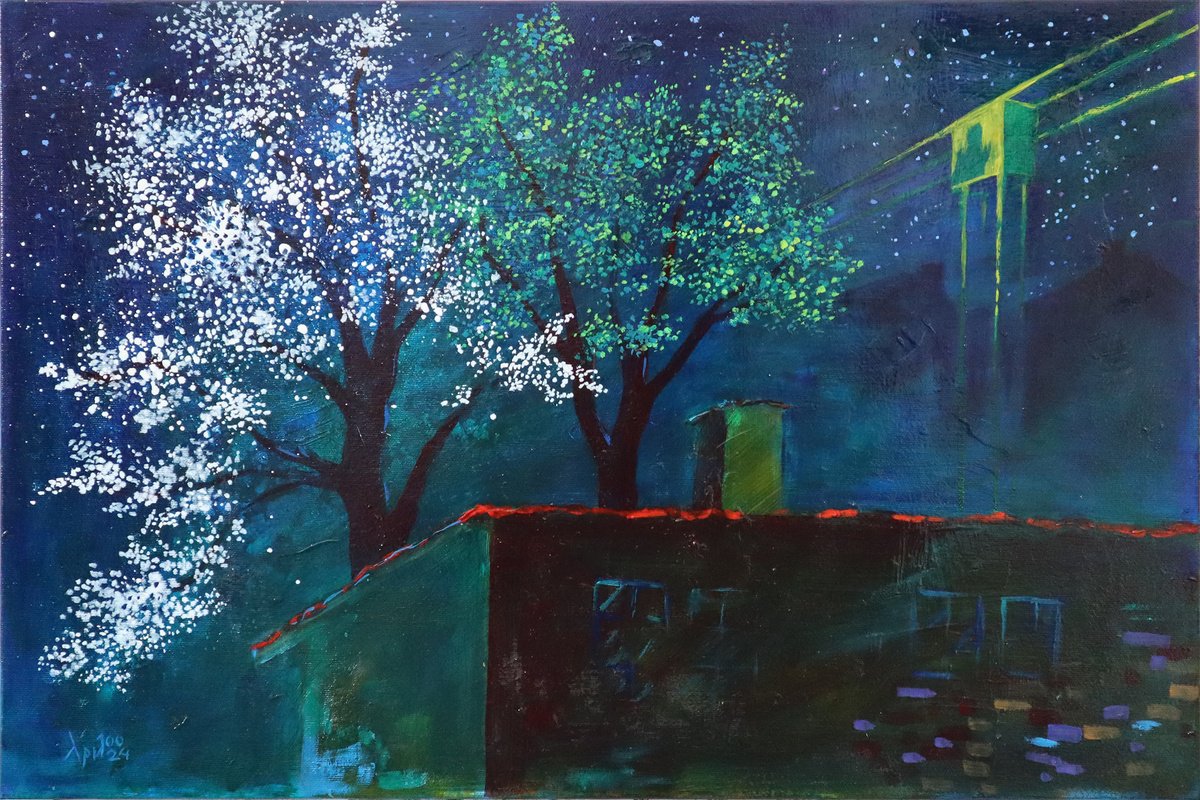 Impressionistic Landscape Oil Painting By Hristo Hristov, 24 X 16, Night Flight, Original Artwork