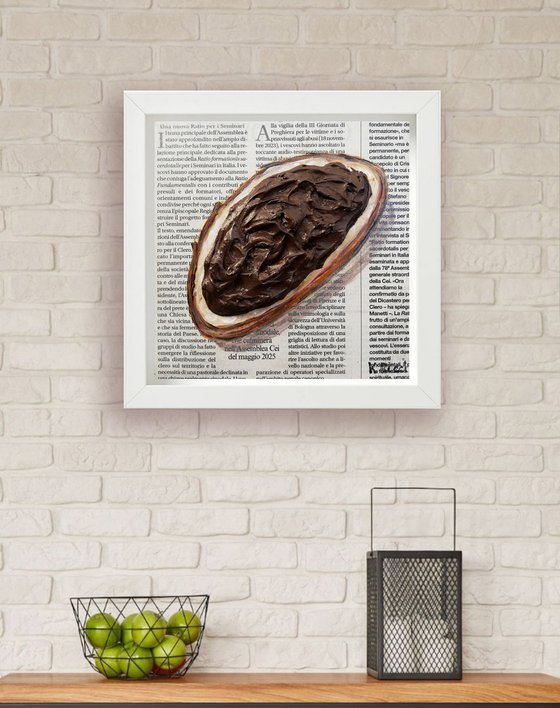 "Oval Toast with Chocolate Cream" Original Acrylic on Wooden Board Painting on Newspaper 6 by 6 inches (15x15 cm)
