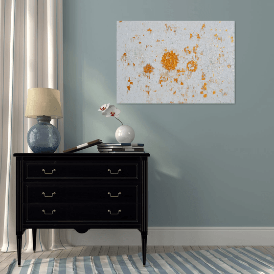 White and Gold - XL 100x70x4 cm FREE SHIPPING Big Painting,  Large Abstract Painting - Ready to Hang, Canvas Wall Decoration Light White and Gold, Palette Knife Relief Painting