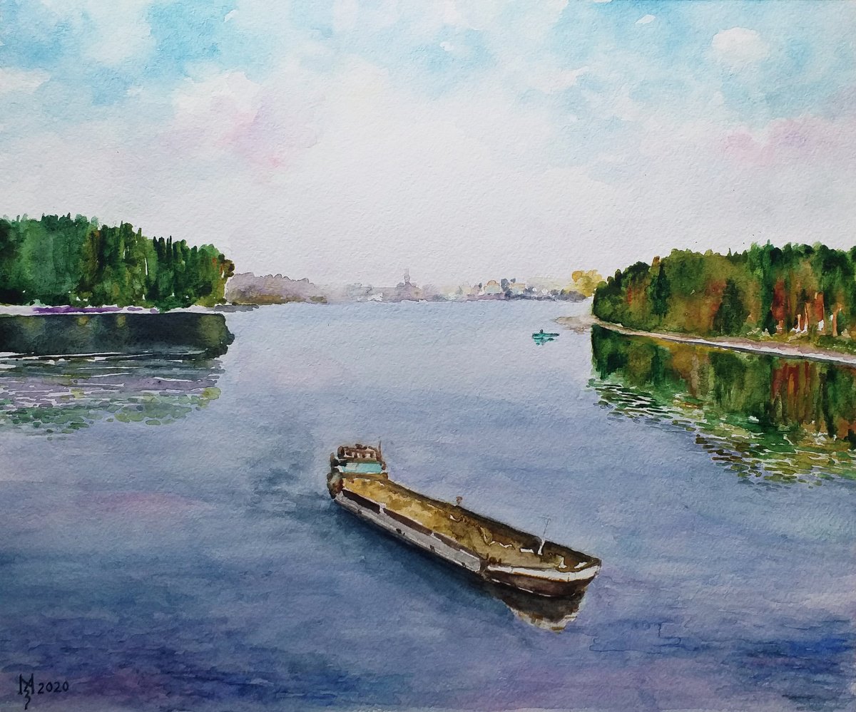 Impressionistic Landscape Watercolour By Zoran Mihajlovic Muza, 13 X 11", Navigable River, Original Artwork