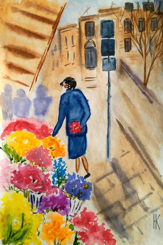 Paris Painting Cityscape Original Art Woman Watercolor Flower Shop Artwork Street Scene Small Home Wall Art 8 by 12" by Halyna Kirichenko