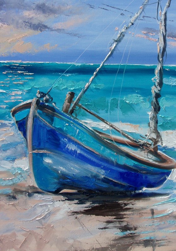" BOAT SOMEWHERE ON A BLUE BEACH "