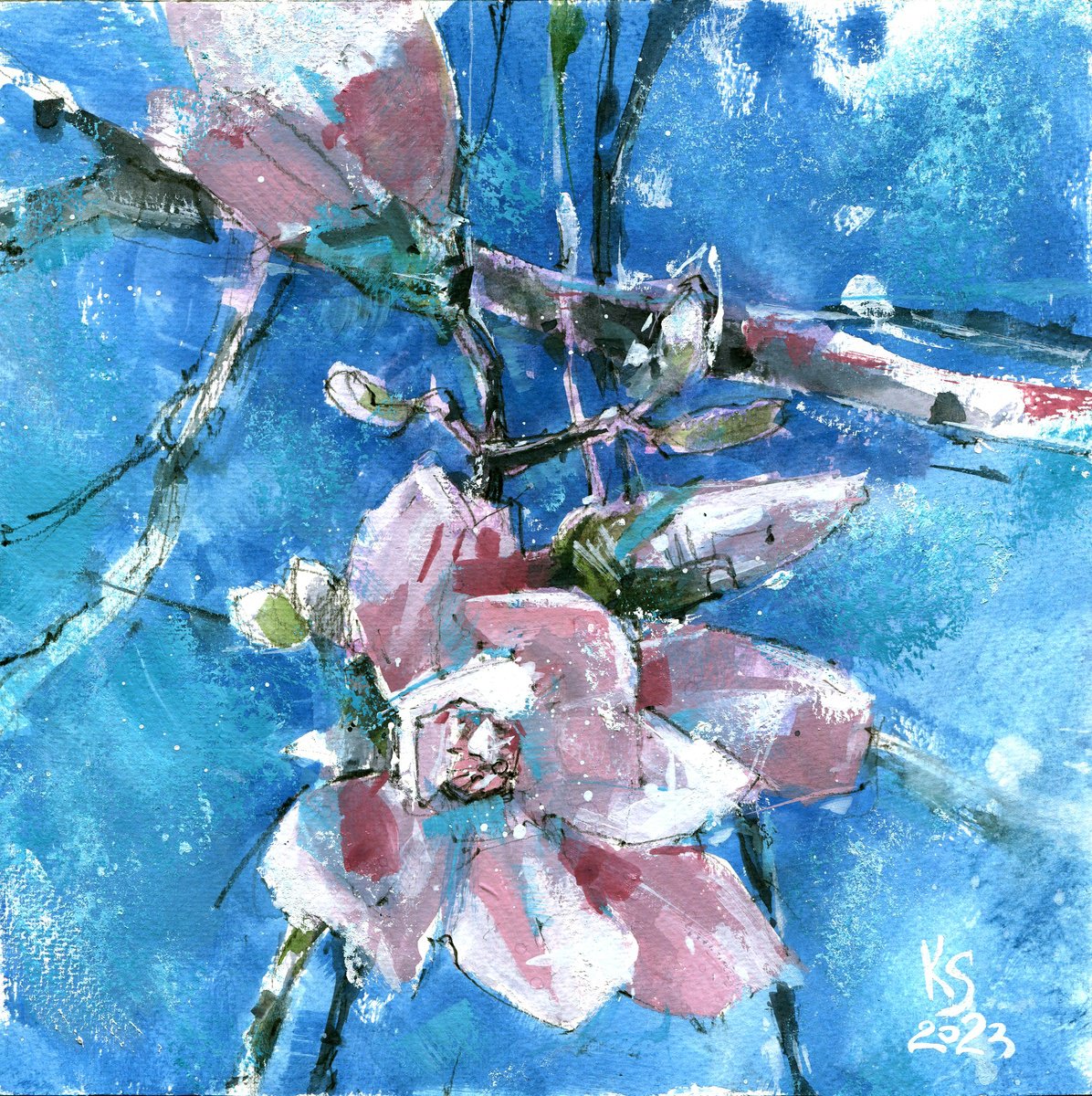 Textured abstract mixed media artwork Blossoming Magnolia Branches by Ksenia Selianko