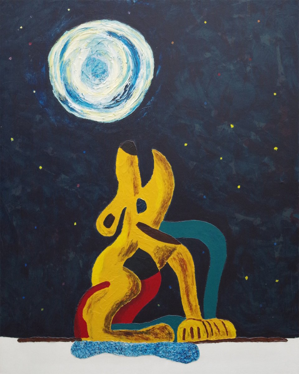 Expressive Animal Acrylic Painting By Uli Lachelt, 31 X 39", I 37 - Dog Barking At The Moon, Original Artwork